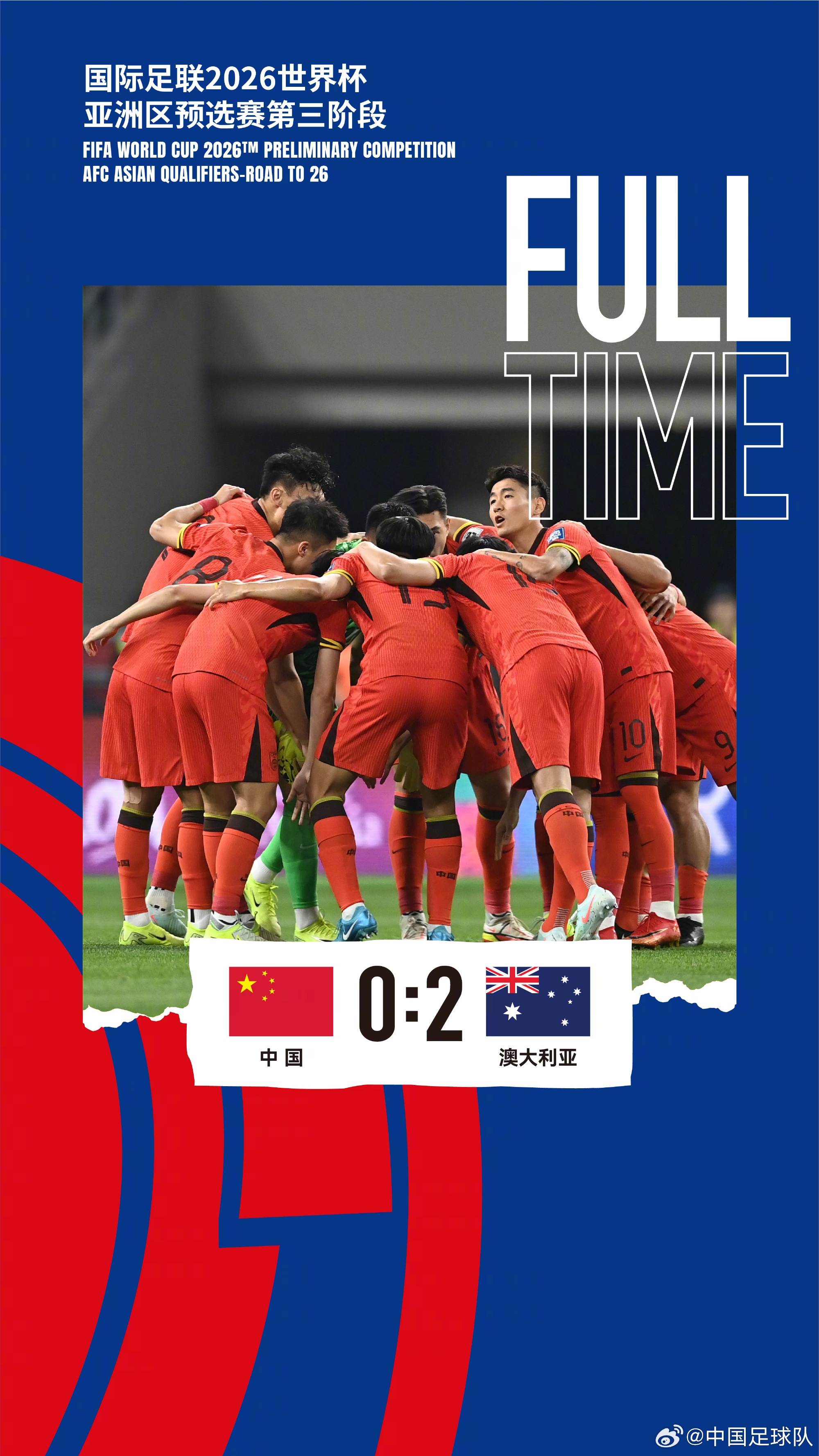 美加墨世界杯亞洲區(qū)預(yù)選賽第三階段第八輪，中國(guó)隊(duì)0-2澳大利亞隊(duì)