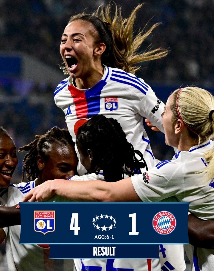 里昂女足4-1大勝拜仁女足，總比分6-1晉級(jí)女足歐冠半決賽