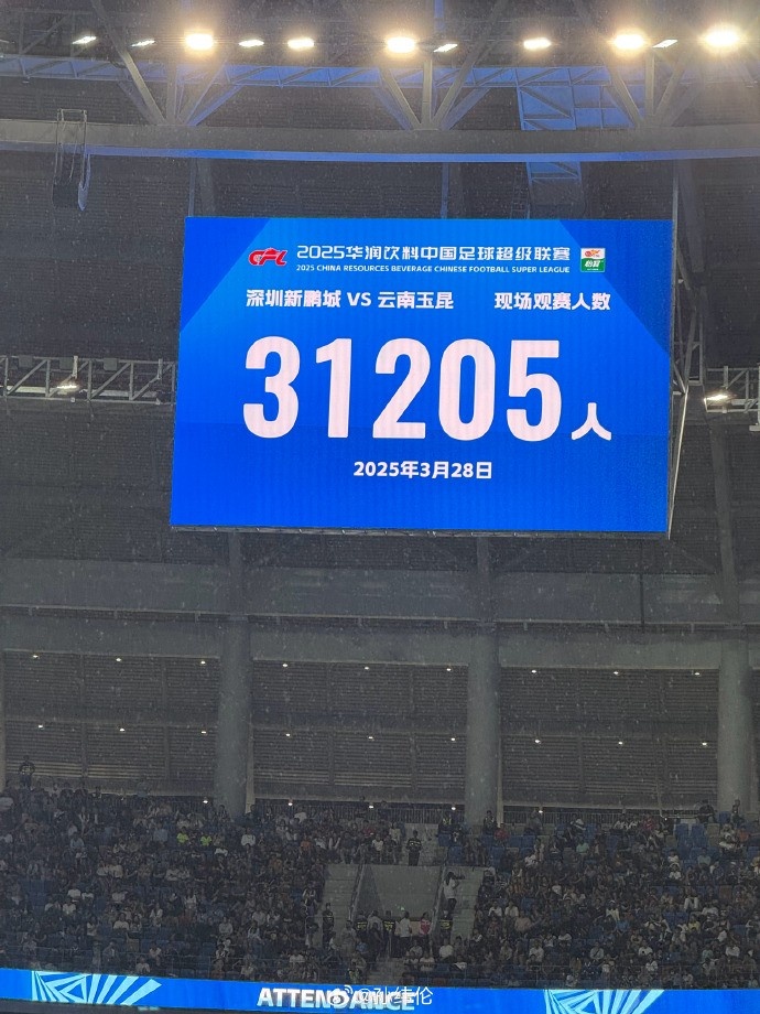 新鵬城新賽季首個(gè)主場(chǎng)現(xiàn)場(chǎng)觀眾31205人，為隊(duì)史最高上座人數(shù)